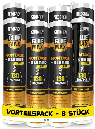 PROCREA® 8x Montagekleber Pro [Extra stark bis 130 kg/qm] Bau- und Kraftkleber für saugende Materialien - für innen & außen - Styropor, Akustikpaneele, Sockelleisten, Holz, Stein, Fliesen uvm.