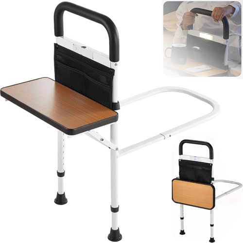HEYOUTH Portátil Barandillas,Barandilla Cama Adulto,Ancianos Barandilla Cama Articulada,Regulable en Altura,con arnés,Bolsa de Almacenamiento y luz de Sensor Desmontable,Mesa Plegable para Ancianos