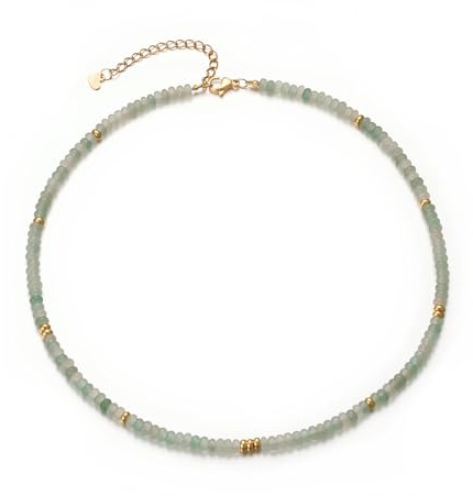 Aleasha Grüner Aventurin Jade Kette 4mm Stein Boho Choker Damen Gold Edelstahl Halskette Handgefertigt Schmuck 38+6cm