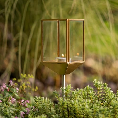 Crocus Collection 50cm Tealight Lantern Stake Brushed Brass and Toughened Glass Candle Holder