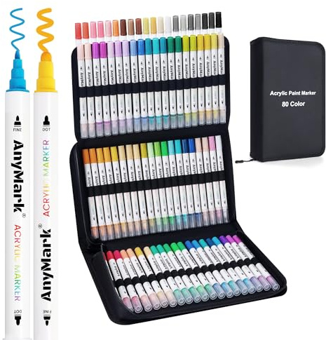 AnyMark 80 Färger Akrylfärgmarkers, Dubbelspets med Dottipp och Fin Spets, Premium Akrylpennor för Sten, Trä, Kalligrafi, Glas, Stenmålning och DIY-Hantverk