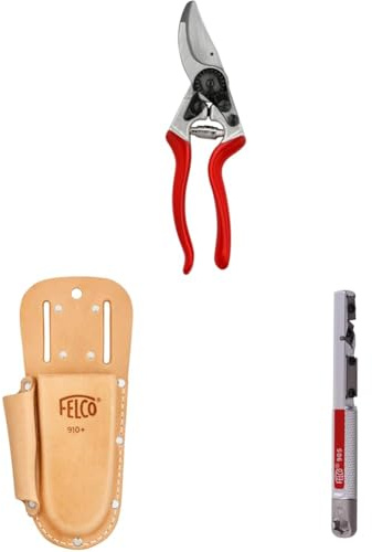FELCO 8 Gartenschere mit Lederholster 910+ und Schärfwerkzeug 905 – Kraftvolles Set für Rechtshänder, komfortabel bei intensiver Nutzung