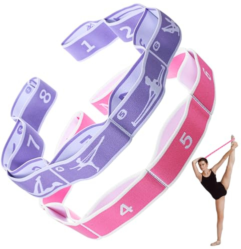 2 Stück Yoga Stretching Strap,Yoga Stretch Gurt mit 8 Schleifen,Hochelastischer Gymnastikband,Elastische Widerstandsbänder für Pilates Fitness Stretching Training (Lila,Rosa)