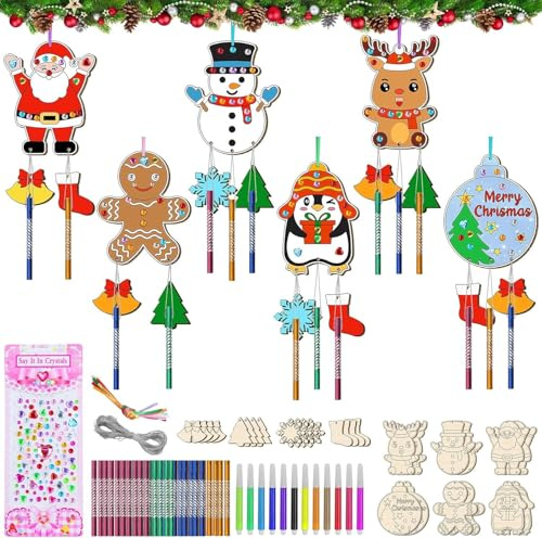 CUVZORA Lot de 12 carillons éoliens de Noël en bois pour bricolage - Décoration de Noël DIY - Double face en bois à peindre - Pour suspendre en plein air et enfants - Créativité faite à la main