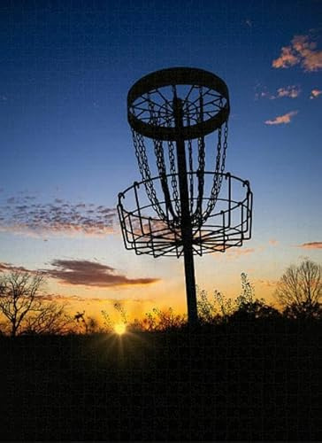 Puzzles for Adults 1000 Pieces Jigsaw Puzzles with Letters on Back Disc Golf Basket Against Sunset Difficult Hard Cool Puzzle 1000 Piece