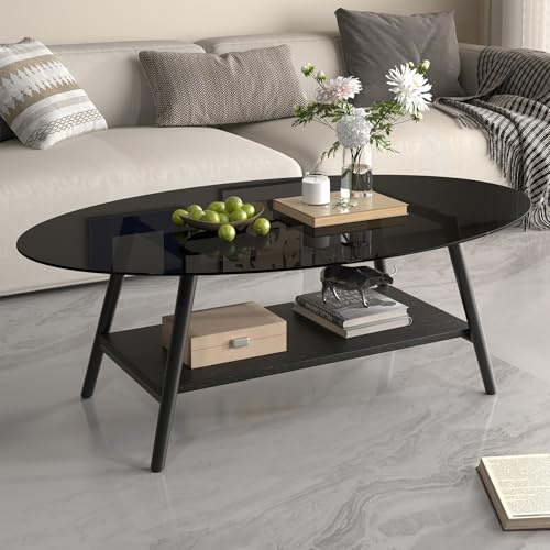 Hawthyhome Runde Beistelltisch 2-Tier Couchtisch Tisch mit Stauraum Moderner Massivholztisch Metallrahmen für Wohnzimmer Schlafzimmer Vintage Schwarz Glas