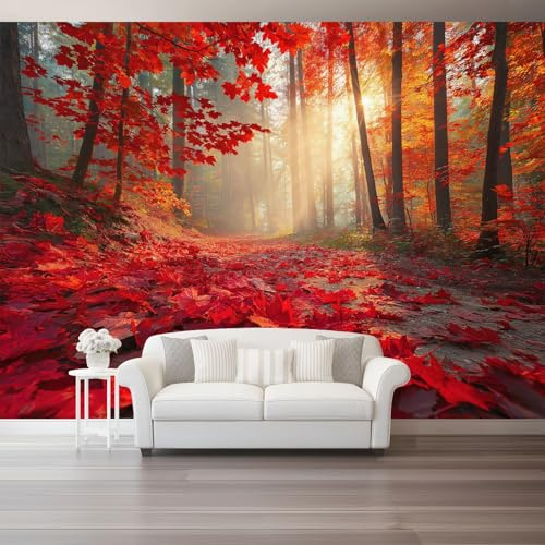 Nature 3D Photo Murals Red Maple Trees Path 250 X 175 Cm Non-Woven Wallpaper Wall Art Photo Wallpaper Wall Mural Home Bedroom Living Room Poster Decoration