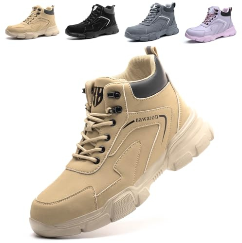 Bawalon Safety Boots Mens Womens Work Boots with Steel Cap, Lightweight Water Resistant Non-Slip Safety Shoes Khaki UK 9 (EU 43)
