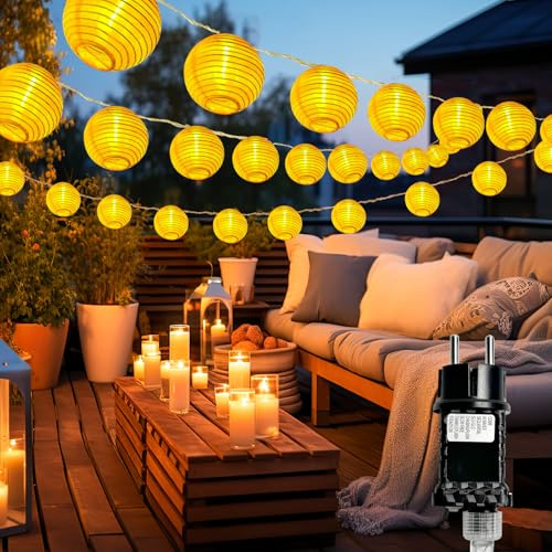 btfarm 10M 25 LED Lampions Außen Wetterfest mit Stecker, Lichterkette | Wasserdicht Lampions Outdoor mit Timer, 8 Modi Lichterkette Lampion Aussen für Balkon Hochzeit Party Hof Innen Deko, Warmweiß