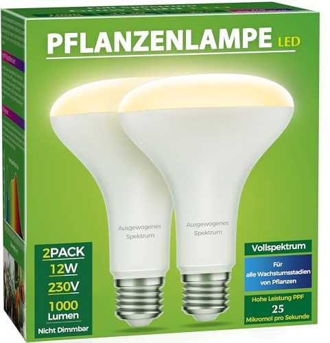 Briignite Växtlampa, odling, E27 växtlampa LED fullspektrum, BR30 12W | växtljus för inomhusväxter, växtljus odling, växtlampa för växter, storlek 13 x 9,5 cm, 2 stycken