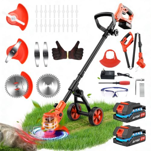 Cortabordes inalámbrico 21V, Desbrozadora Batería con 2 Baterías de 2.0Ah, Cortabordes Bateria Cargador y Ruedas Desmontables, Telescópico Cortabordes Electrico 3 en 1 para Césped, Jardín, Patio
