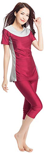 Muslimska badkläder baddräkt heltäckt blygsamma badkläder mode muslimska badkläder burkini kortärmade toppar och byxor i 2 delar mode badkläder set(Red, L)