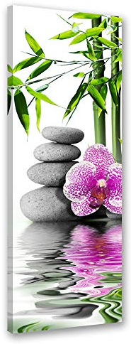 Feeby Leinwandbild - Bilder Wohnzimmer - Zen Steine Blumen Orchideen Bambus - 40x120 1tlg - Deko Schlafzimmer - Wanddekoration - Aesthetic - Groß Moderne Bild - Foto auf Leinwand