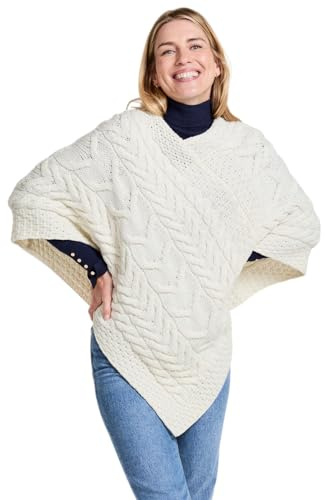 Super Soft Merino Wool Triangular Aran Cable Knit Design Poncho, Natural Colour