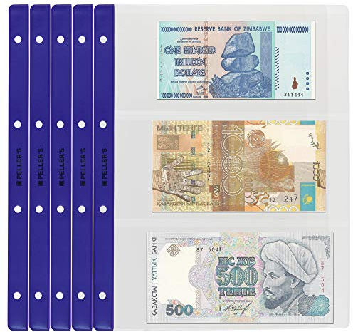 PELLER'S 10 samlarsedlar ärmar, för valuta, anteckningar. Albumsidor påfyllning A4 Model XL: 3 Pockets 8.62 X 3.94 Extra Transparent