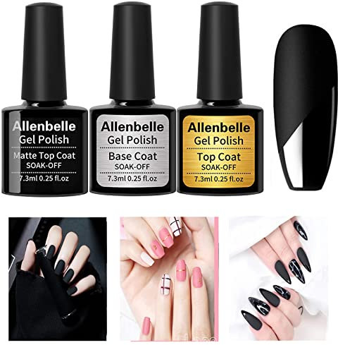 Allenbelle Halbpermanenter Nagellack, matt, Top- und Base Coat, UV-/LED-Gel-Set (3 x 7,3 ml)