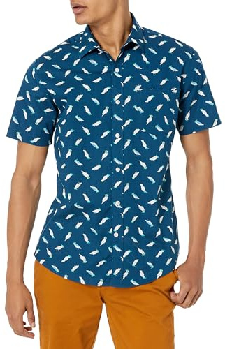 Amazon Essentials Men's Kortärmad tryckt skjorta normal passform, Blågrön Fåglar, L
