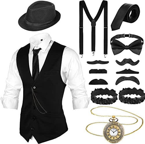 Blulu 1920er Herren Zubehör Gatsby Gangster Kleidung Kostüm Cosplay Outfit mit Weste Fedora Hut Taschenuhr Hosenträger Fliege für Mann Halloween Cosplay