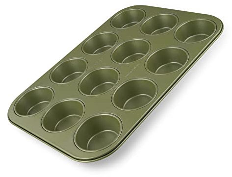 Zenker Stampo Teglia per Muffin 12 Impronte Ø7 cm, in Acciaio Carbon Steel Rivestimento Antiaderente ILAG in Cera di Carnauba, 38.5 x 26.5 cm Colore Verde Oliva, Linea Green Vision
