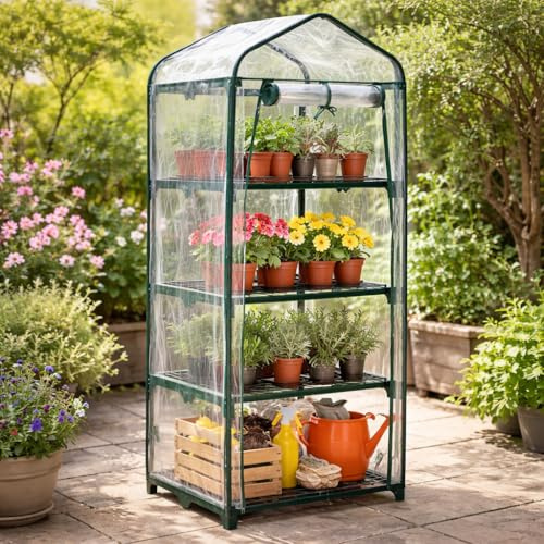 Garden Mile 4 Tier Mini Greenhouse for Indoor & Outdoor Use Plant Grow House Durable Steel Frame Shelving Unit Roll-Up Double Zip Door Ideal for Growing Vegetables, Flowers, Herbs, and Seedlings 130cm