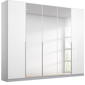 Rauch Möbel Alabama, Schrank, Farbe Hochglanz Weiß/Seidengrau, Breite 226cm | Kleiderschrank, 5-türig, mit Spiegel, Zubehör Basic, für Schlafzimmer, Kinderzimmer, Homeoffice, Garderobe, Flur