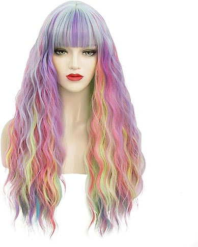 Lång Färgglad Regnbåge Peruk Med Bang, TOMIGO Multi Color Long Rainbow Syntetiskt hår Peruker för Kvinnor Halloween Karneval Kostym
