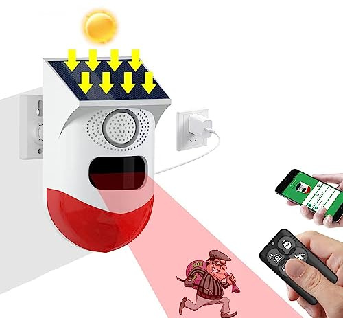 HYQNG Sirène d'alarme stroboscopique Solaire Sirène d'alarme extérieure avec télécommande et capteur de Mouvement Sirène de sécurité sonore 120 DB IP67 étanche et 4 Modes pour la Maison, la Ferme
