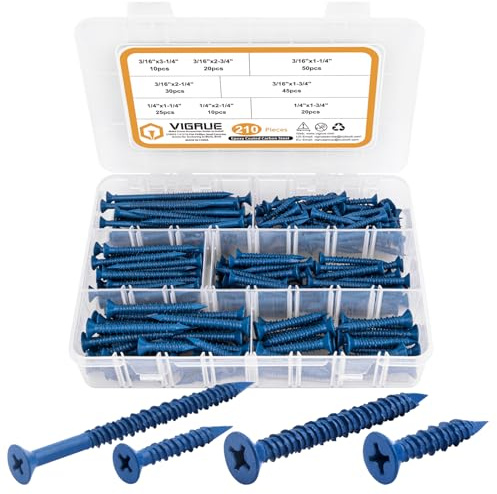 VIGRUE 1/4 3/16 Concrete Screws Assortment Kit 210PCS Flat Head Cement Screws for Anchoring to Masonry, Block or Brick, Diamond Point, Length 1-1/4 to 2-3/4
