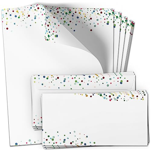 10 Briefpapier und Briefumschlag Set | Buntes Konfetti Design Party | Einladung Feier | Schreibpapier A4 & Umschlag DIN Lang | Design Papier