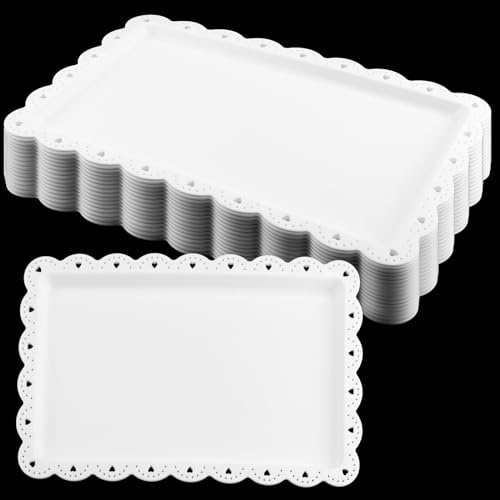 HEIHAK 16 Pack White Plastic Serving Tray, 36 x 23cm Rectangle Food Trays Serving Platter, Party Serving Trays with Lace Rim for Fruit, Snack, Dessert, Tea, Coffee