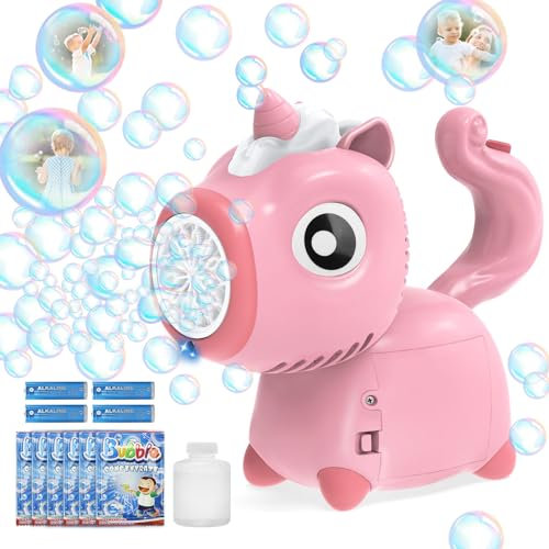 Macchina delle bolle, Unicorn Bubble Makers per Bambini, Pistola a Bolle per Bambini con 6 bolle Liquide 4 batterie AA, per Feste, Matrimoni all'aperto, Giocattoli da Giardino