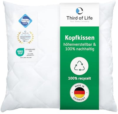 Third of Life Allergiker Kopfkissen Verda, Pillows for Sleeping - Made in Germany, 100% nachhaltige und höhenverstellbare Kissenfüllung, Deko-Kissen aus recyceltem Material, Kleines Sofakissen 45x45