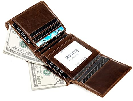 WolFum RFID Cartera de cuero para hombre - Delgado cepillo antirrobo vertical tarjeta de párrafo bolsa para hombre clip corto para dinero (color: D, tamaño: como se muestra en la imagen), Plateado, As