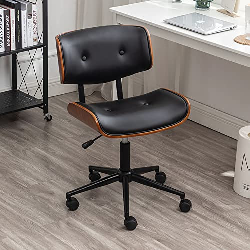 WADRBSW Holz-Bürostuhl mit Rollen, industrieller Schreibtischstuhl aus der Mitte des Jahrhunderts, Computerstuhl aus Pu-Leder mit mittlerer Rückenlehne, armloser, ergonomischer Arbeitsstuhl,