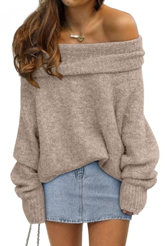 LILLUSORY Off The Shoulder Sweater Tops Oversized Stay Put Neckline Ultra Soft Perfect for Going Out Date Nights Casual Evenings Apricot M