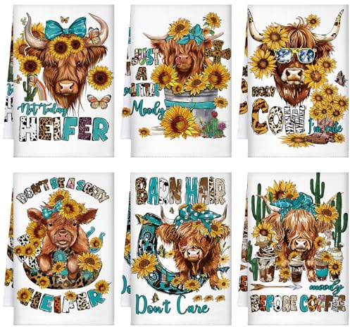 TecUnite 6 Pcs Highland Cow Kitchen Towels Set Funny Highland Cattle Tea Towels Absorbent Sunflower Dish Towels Western Farm Cattle Hand Towel for Cleaning Drying Women Mom Housewarming Gifts Decor