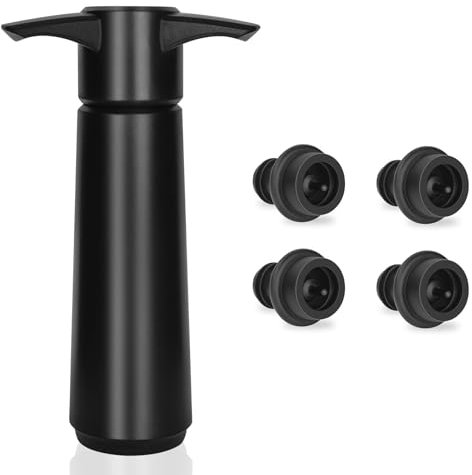 XBOGO Pompa Salvavino con 4 Tappo Vino sottovuoto, Tappi Bottiglie Vino, Accessori Vino, Tappi Riutilizzabili per Mantenere Il Vino Fresco (Nero)