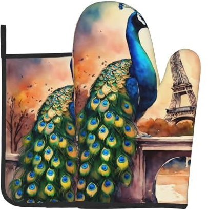 Ölgemälde Paris Eiffelturm Küche Backen zweiteiliges Set, Mehrzweck-Ofenhandschuhe, verwendet für Grill, Küche, Backen
