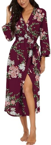 PrinStory kvinnor lång/kort badrock stickad kimono morgonrock mjuka dammorgonrockar avslappnade damer myskläder, Bb07 Blommig vinröd, XL