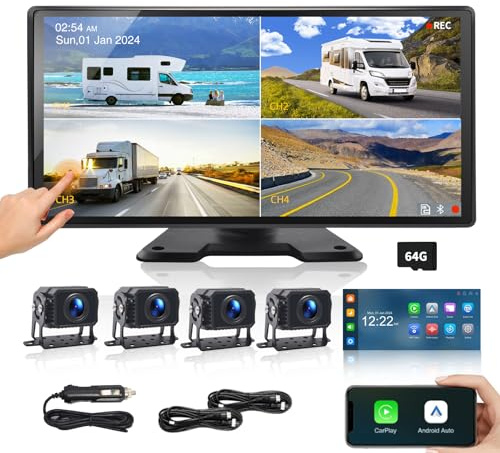 Semi Truck Camera System with Apple Carplay & Andriod Auto,Dash Cam for Semi Truck with 4-Channel 1080P RV Camera System,10.36 IPS Touchscreen, 360° All-Round Recording, 24H Parking Monitoring