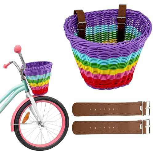 Gify Kids Bike Basket Front, Handwoven Wicker Rainbow Bicycle Basket for Girls, Colorful Large-Capacity Toddler Bike Accessory with 2 Adjustable Leather Straps for Scooters and Tricycles - Purple