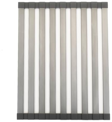 BAOYOUNI Escurreplatos plegable enrollable, tapete escurridor de platos resistente al calor de aluminio envuelto en silicona para encimera de cocina, sobre el fregadero, gris, L (33 x 48 cm)