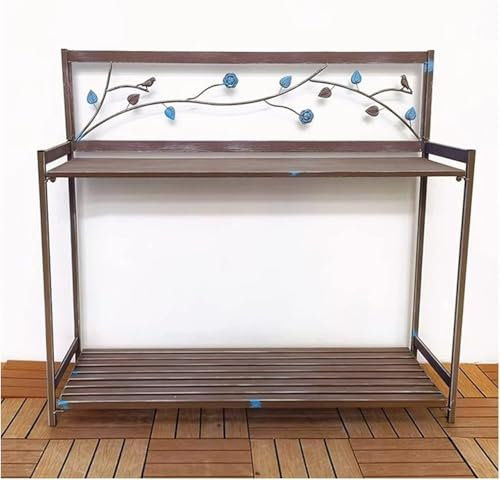 Panca da giardino in metallo per esterni, postazione di lavoro, tavolo con 2 ripiani aperti, marrone (126,5 x 45 x 115,5 cm)