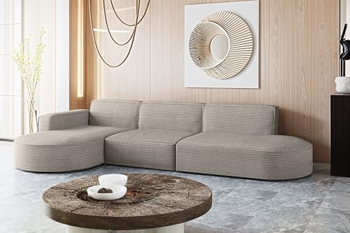 Kaiser Möbel - Ecksofa mit Wohnlandschaft, Eckcouch L Form, Sofa 3-sitzer, Polstersofa, Bigsofa, Bequemes Couch mit Ottomane für Wohnzimmer, Relaxsofa, Stoff Cord, Modena L, Hellbraun, Links