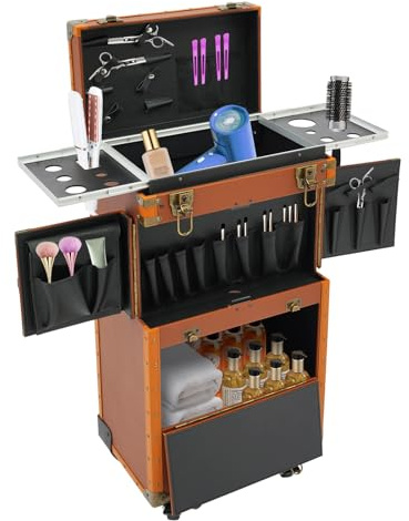 Tyvotrend Kosmetikkoffer Trolley, Groß Kosmetik Trolley Schminkkoffer mit Rollen, Abschließbarer Nageldesign Friseurkoffer Make up Koffer Werkzugkoffer für Reise Kosmetikerin Friseurein, Kaffee Farbe