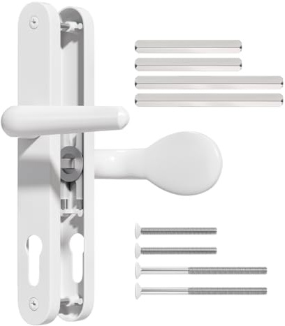 Bwintech UPVC Weißer Türgriff 92mm 60mm Offset-Hebelpad 211mm Befestigungen Gefedertes Patio-Paar，243mm Plattenlänge Vordertürgriffe für UPVC Tür