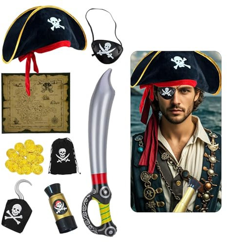 Werownsgso 8-teilig Piratenkostüm Zubehör, Pirat Zubehör mit Hut Fernrohr Augenklappe Schatzkarte Messer Münzbeutel Goldmünzen, Unisex Kostüm Piraten für Halloween Fasching Karneval Piraten Party