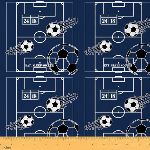 Loussiesd Fußball Dekorative Patchwork Stoffe Essen Schlaf Fußball Stoff 92x150cm für Jungen Mädchen Kinder Fußball Spiel Blau Stoff Meterware für Stühle Stoffpaket