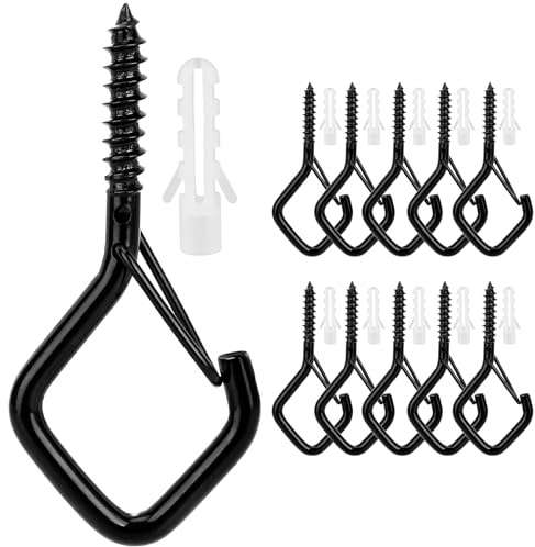 Dzxin 10 PCS Metal Ceiling Hooks, Hanging Hooks for Outdoor String Lights, Plants, and Patio Lights, Wall Mount (Black)