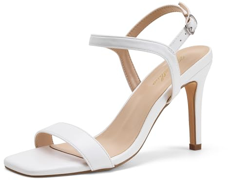 GENSHUO Sandali da Donna con Tacco, Punta Aperta Tacco Alto 8 cm, Sandali in Raso Scarpe Eleganti Estive Abito da Ballo per Feste Slingback con Cinturino alla Caviglia, bianco opaco, 36 EU